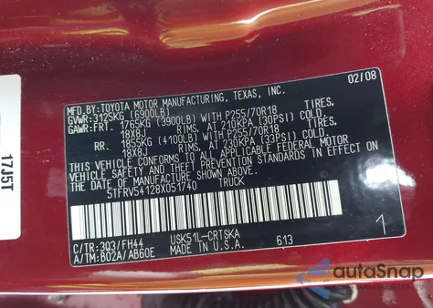 2008 Toyota Tundra Sr5 5.7L V8 z USA, uszkodzony, nr VIN 5TFRV54128X051740